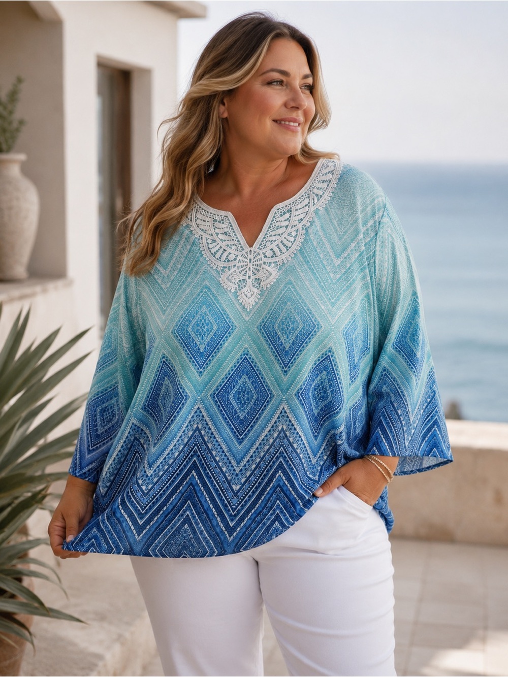 Alfred Dunner Blue Ombre Lace Neck Top Size 3X Coastal Boho Blouse Resort Wear